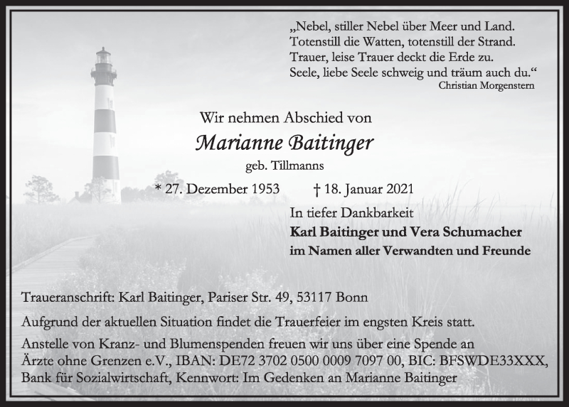  Traueranzeige für Marianne Baitinger vom 29.01.2021 aus  Werbepost 