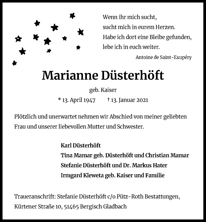  Traueranzeige für Marianne Düsterhöft vom 23.01.2021 aus Kölner Stadt-Anzeiger / Kölnische Rundschau / Express