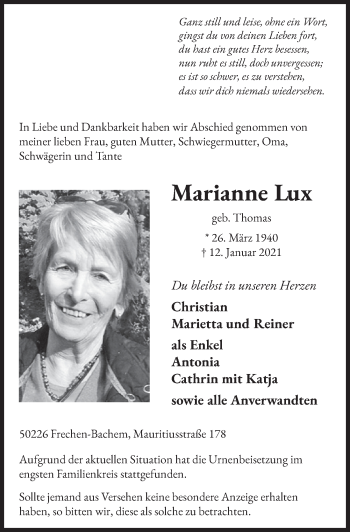 Anzeige von Marianne Lux von  Wochenende 