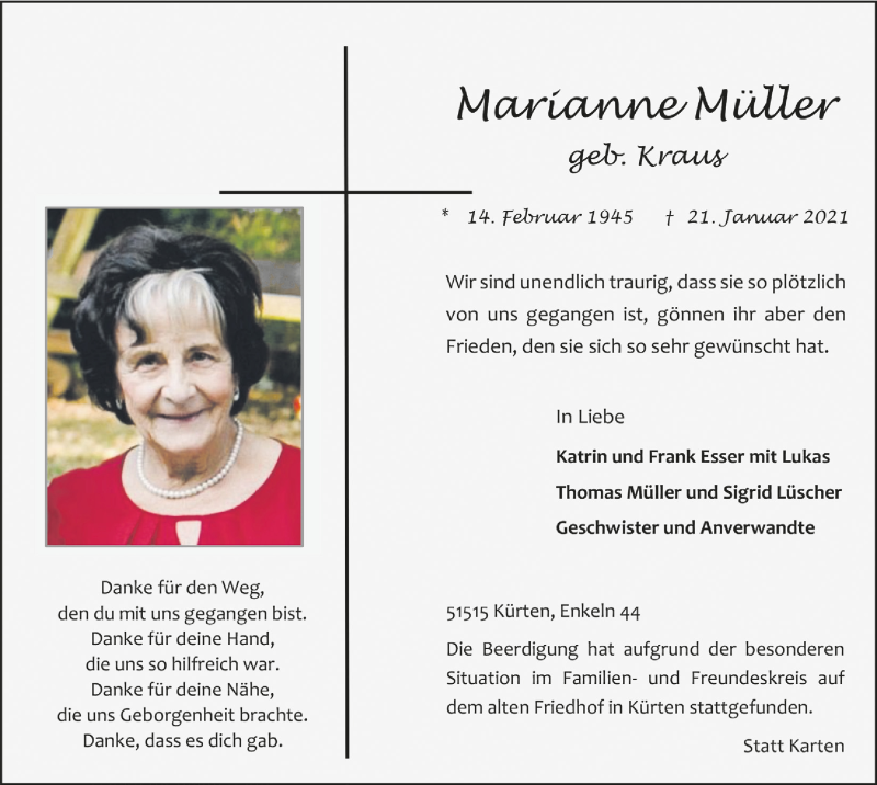  Traueranzeige für Marianne Müller vom 29.01.2021 aus  Bergisches Handelsblatt 