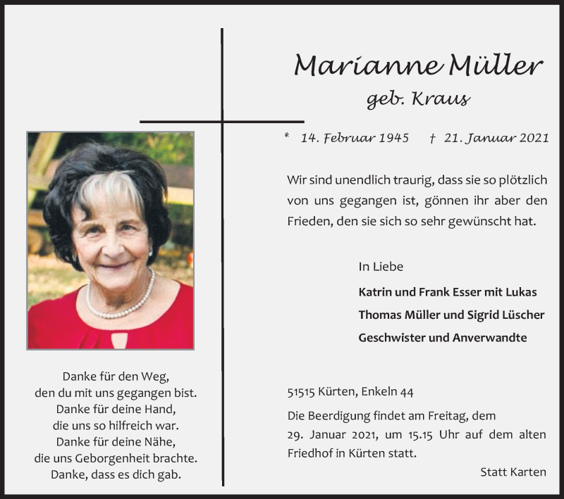  Traueranzeige für Marianne Müller vom 27.01.2021 aus Kölner Stadt-Anzeiger / Kölnische Rundschau / Express