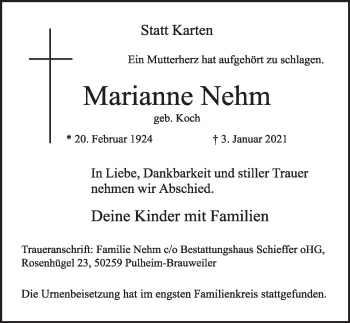 Anzeige von Marianne Nehm von  Wochenende 