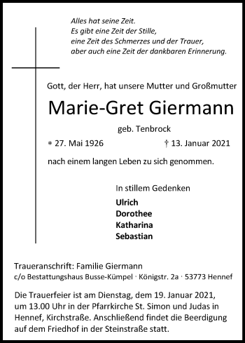 Anzeige von Marie-Gret Giermann von Kölner Stadt-Anzeiger / Kölnische Rundschau / Express