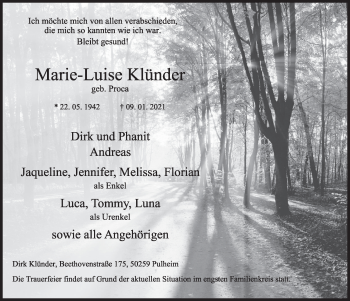 Anzeige von Marie-Luise Klünder von  Wochenende 