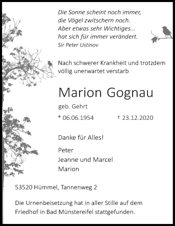 Anzeige von Marion Gognau von Kölner Stadt-Anzeiger / Kölnische Rundschau / Express