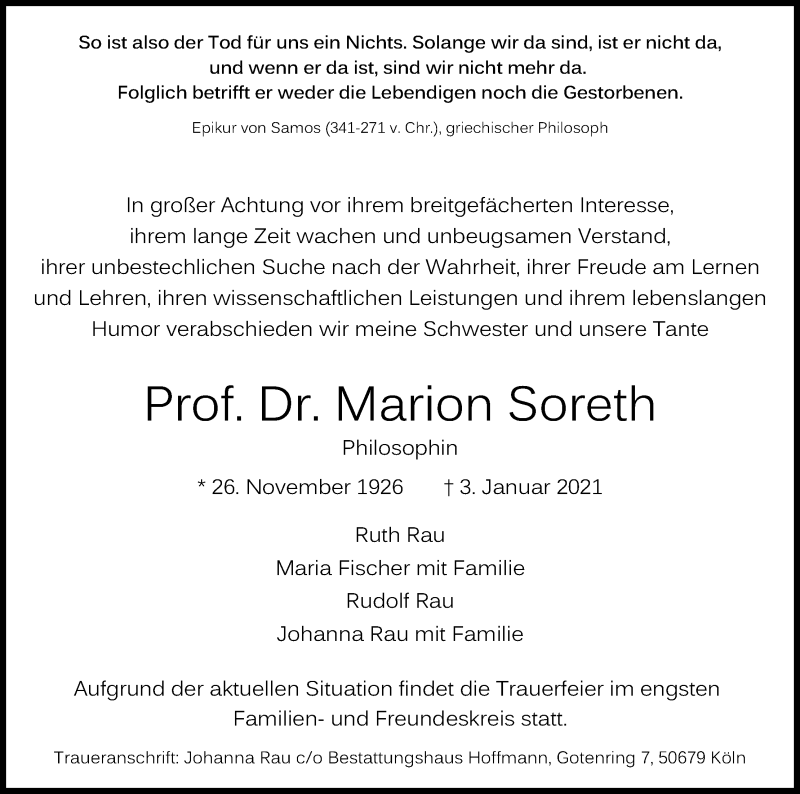  Traueranzeige für Marion Soreth vom 09.01.2021 aus Kölner Stadt-Anzeiger / Kölnische Rundschau / Express