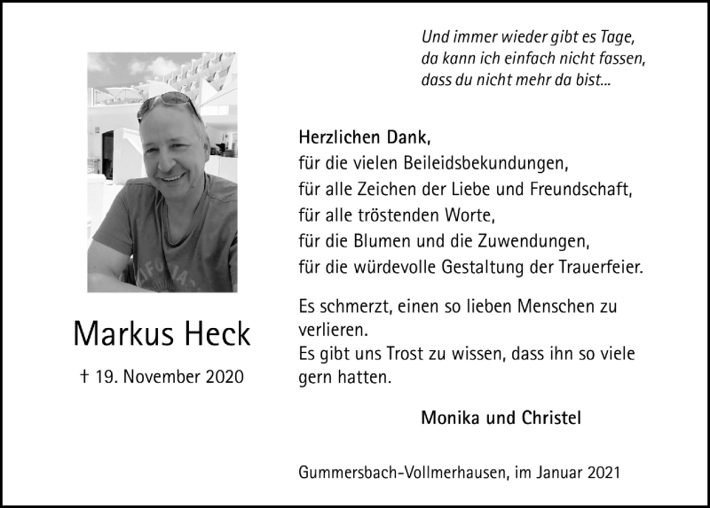  Traueranzeige für Markus Heck vom 22.01.2021 aus  Anzeigen Echo 