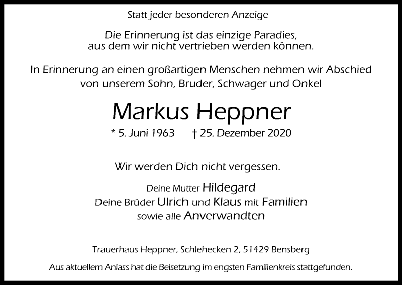  Traueranzeige für Markus Heppner vom 16.01.2021 aus Kölner Stadt-Anzeiger / Kölnische Rundschau / Express
