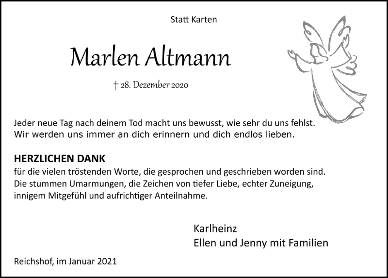  Traueranzeige für Marlen Altmann vom 22.01.2021 aus  Lokalanzeiger 
