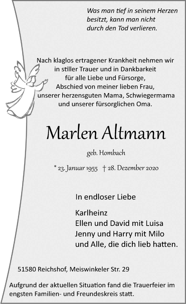  Traueranzeige für Marlen Altmann vom 08.01.2021 aus  Lokalanzeiger 