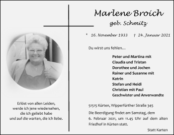 Anzeige von Marlene Broich von Kölner Stadt-Anzeiger / Kölnische Rundschau / Express