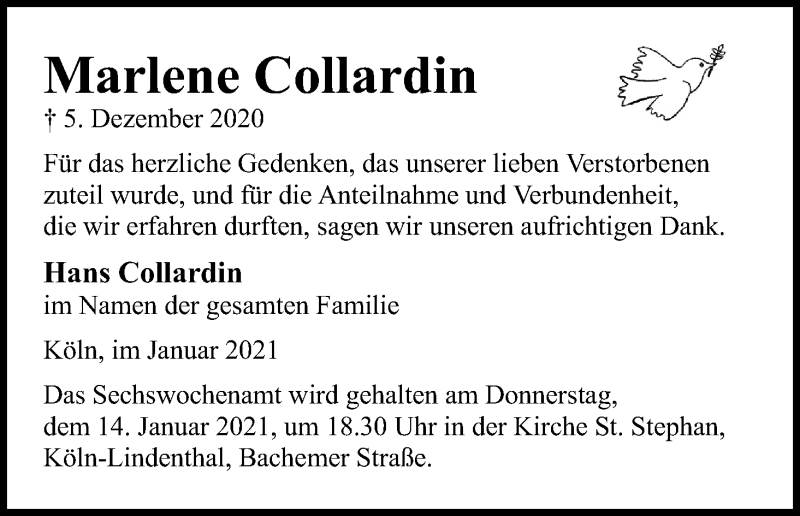  Traueranzeige für Marlene Collardin vom 09.01.2021 aus Kölner Stadt-Anzeiger / Kölnische Rundschau / Express