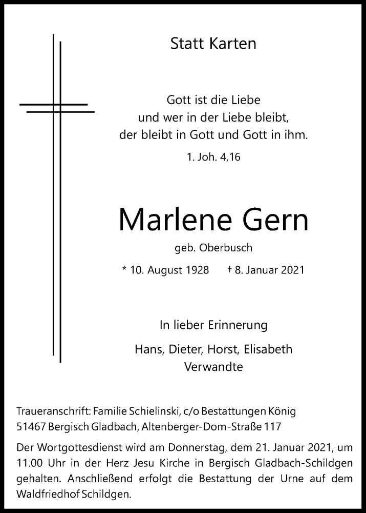  Traueranzeige für Marlene Gern vom 16.01.2021 aus Kölner Stadt-Anzeiger / Kölnische Rundschau / Express