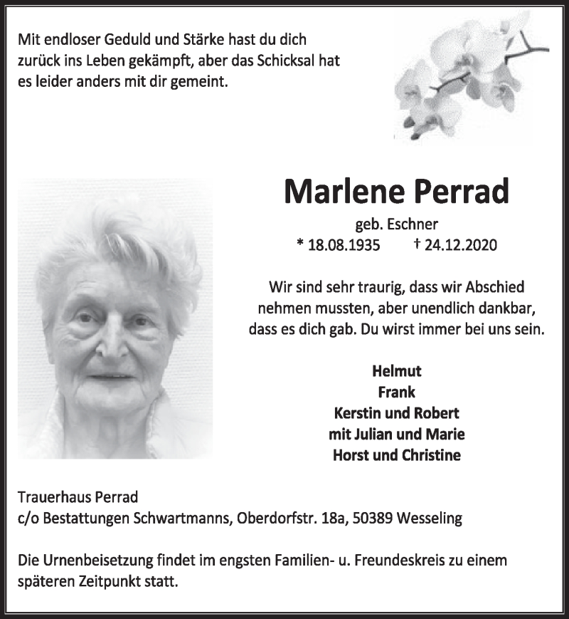  Traueranzeige für Marlene Perrad vom 08.01.2021 aus  Schlossbote/Werbekurier 