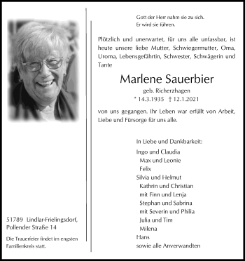 Anzeige von Marlene Sauerbier von Kölner Stadt-Anzeiger / Kölnische Rundschau / Express