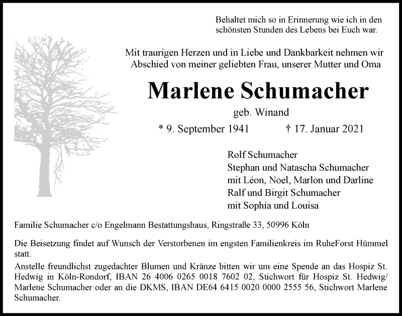  Traueranzeige für Marlene Schumacher vom 29.01.2021 aus  Kölner Wochenspiegel 