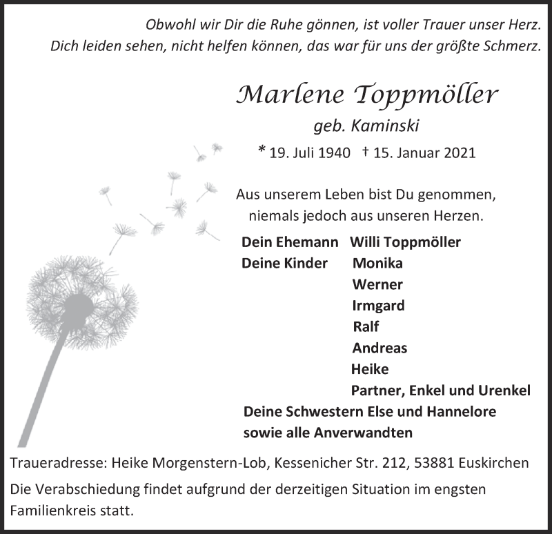  Traueranzeige für Marlene Toppmöller vom 23.01.2021 aus  Blickpunkt Euskirchen 