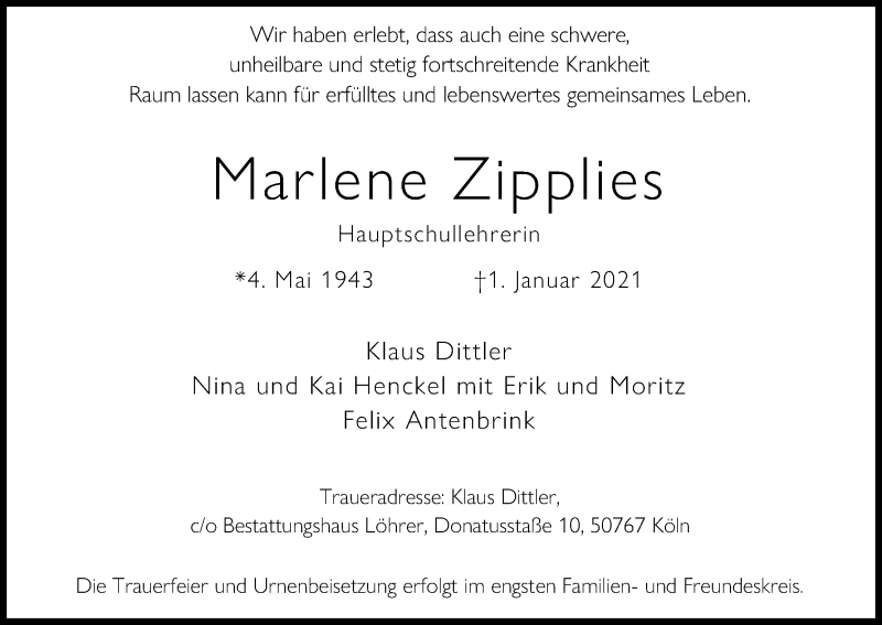  Traueranzeige für Marlene Zipplies vom 16.01.2021 aus Kölner Stadt-Anzeiger / Kölnische Rundschau / Express