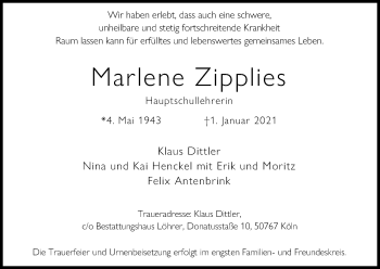 Anzeige von Marlene Zipplies von Kölner Stadt-Anzeiger / Kölnische Rundschau / Express