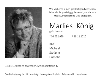 Anzeige von Marlies König von  Blickpunkt Euskirchen 