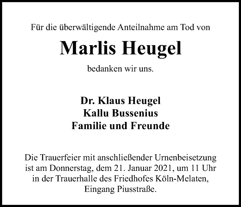  Traueranzeige für Marlis Heugel vom 16.01.2021 aus Kölner Stadt-Anzeiger / Kölnische Rundschau / Express