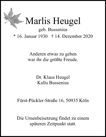 Anzeige von Marlis Heugel von Kölner Stadt-Anzeiger / Kölnische Rundschau / Express