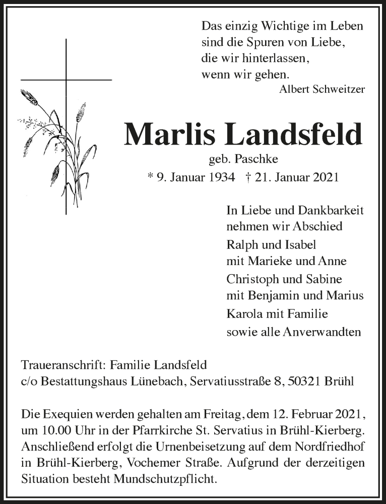  Traueranzeige für Marlis Landsfeld vom 29.01.2021 aus  Schlossbote/Werbekurier 