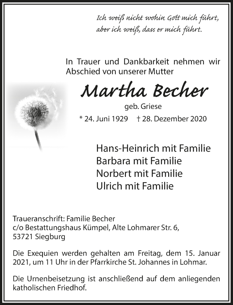  Traueranzeige für Martha Becher vom 08.01.2021 aus  Extra Blatt 