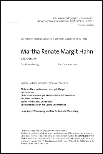 Anzeige von Martha  Hahn von Kölner Stadt-Anzeiger / Kölnische Rundschau / Express