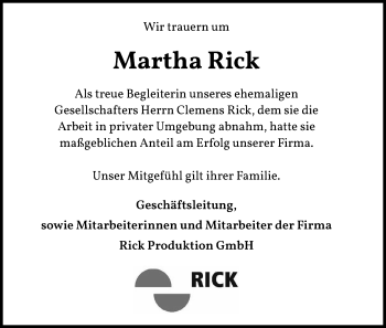 Anzeige von Martha Rick von Kölner Stadt-Anzeiger / Kölnische Rundschau / Express