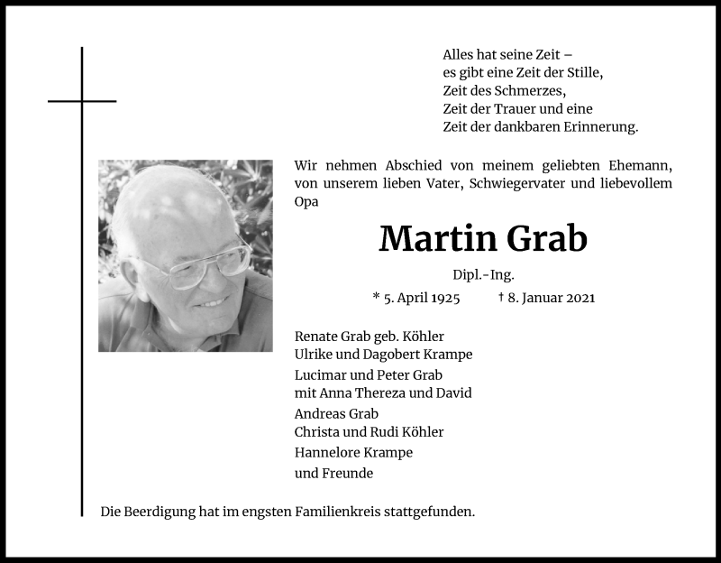  Traueranzeige für Martin Grab vom 27.01.2021 aus Kölner Stadt-Anzeiger / Kölnische Rundschau / Express