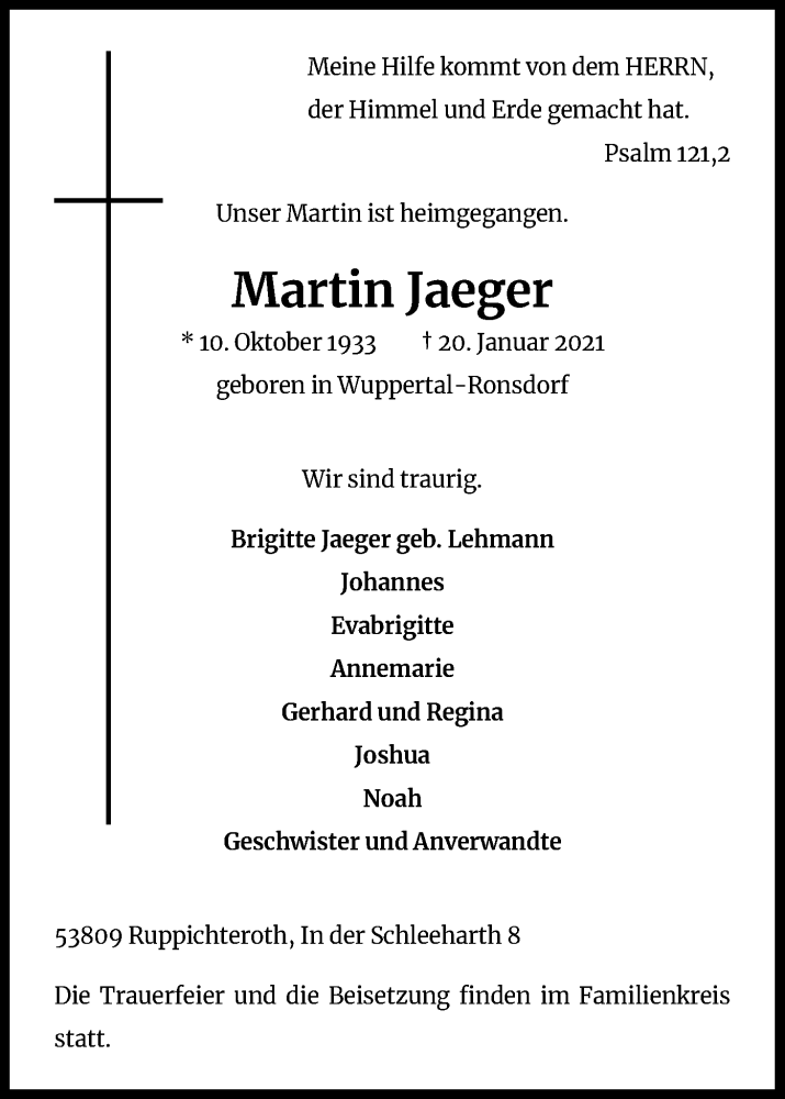  Traueranzeige für Martin Jaeger vom 23.01.2021 aus Kölner Stadt-Anzeiger / Kölnische Rundschau / Express