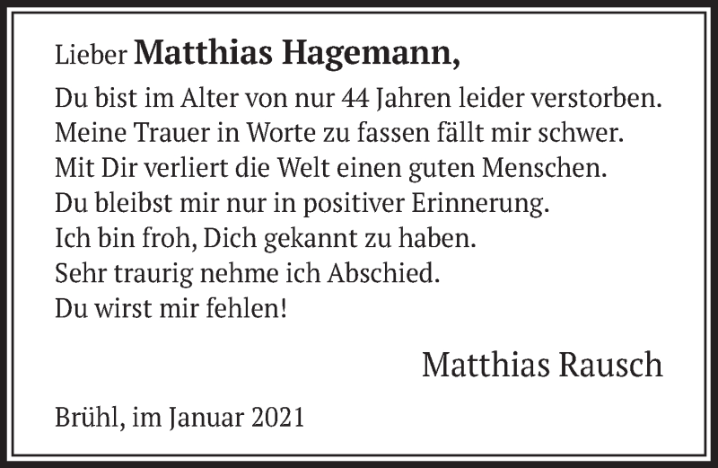  Traueranzeige für Matthias Hagemann vom 08.01.2021 aus  Wochenende 