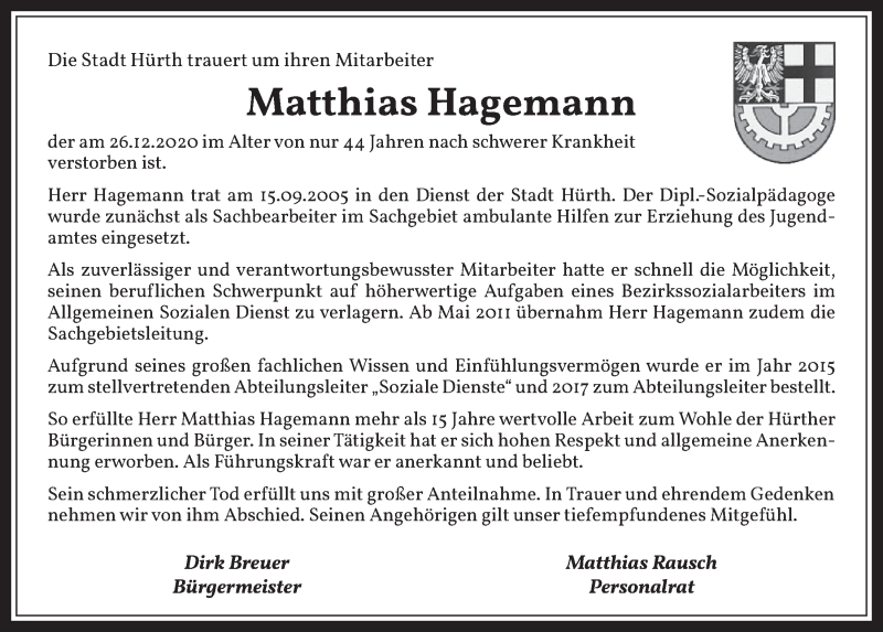  Traueranzeige für Matthias Hagemann vom 08.01.2021 aus  Wochenende 