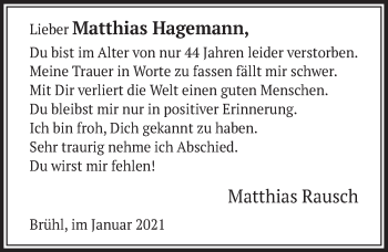 Anzeige von Matthias Hagemann von  Wochenende 