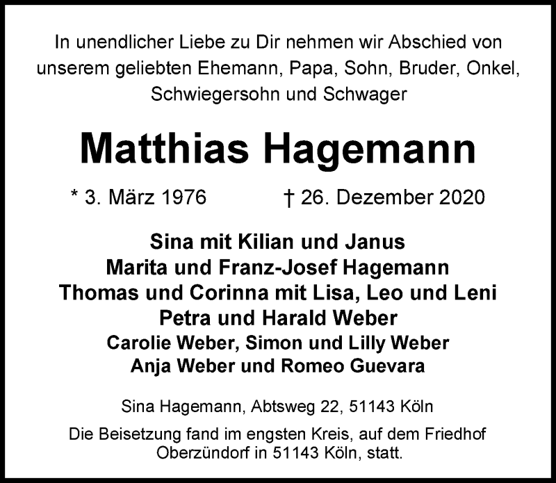  Traueranzeige für Matthias Hagemann vom 08.01.2021 aus  Kölner Wochenspiegel 