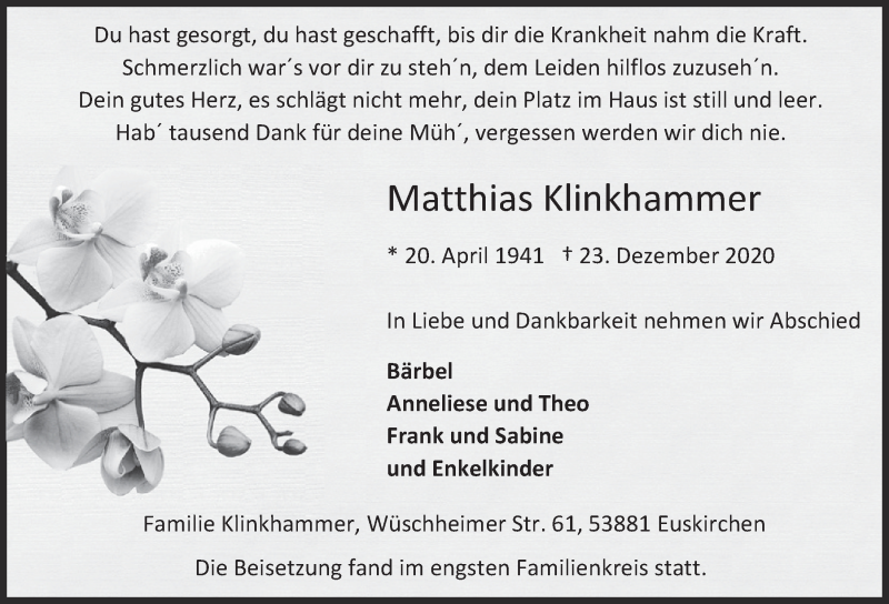  Traueranzeige für Matthias Klinkhammer vom 16.01.2021 aus  Blickpunkt Euskirchen 