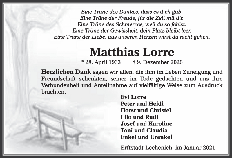  Traueranzeige für Matthias Lorre vom 15.01.2021 aus  Werbepost 