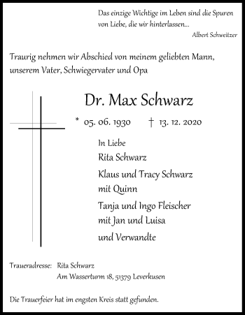 Anzeige von Max Schwarz von Kölner Stadt-Anzeiger / Kölnische Rundschau / Express