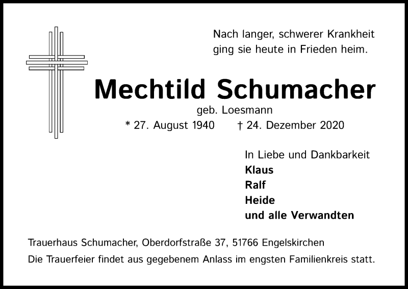  Traueranzeige für Mechtild Schumacher vom 23.01.2021 aus Kölner Stadt-Anzeiger / Kölnische Rundschau / Express