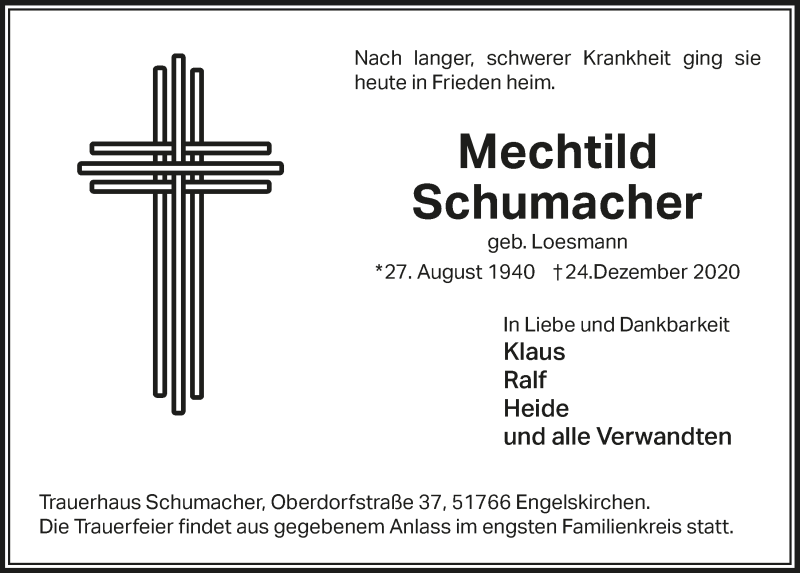  Traueranzeige für Mechtild Schumacher vom 22.01.2021 aus  Anzeigen Echo 