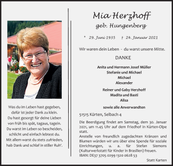 Anzeige von Mia Herzhoff von Kölner Stadt-Anzeiger / Kölnische Rundschau / Express