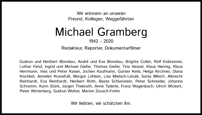  Traueranzeige für Michael Gramberg vom 02.01.2021 aus Kölner Stadt-Anzeiger / Kölnische Rundschau / Express