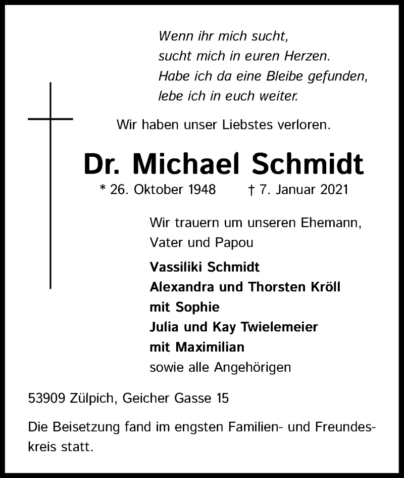  Traueranzeige für Michael Schmidt vom 23.01.2021 aus Kölner Stadt-Anzeiger / Kölnische Rundschau / Express