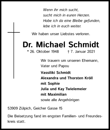 Anzeige von Michael Schmidt von Kölner Stadt-Anzeiger / Kölnische Rundschau / Express