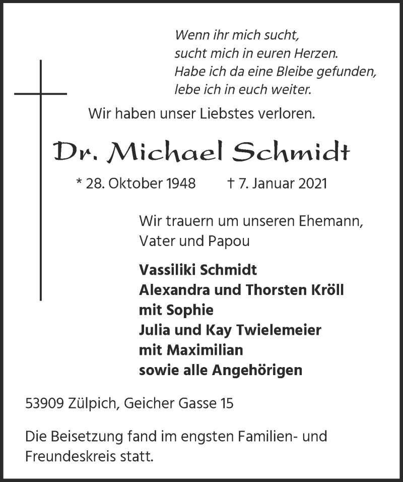  Traueranzeige für Michael Schmidt vom 23.01.2021 aus  Blickpunkt Euskirchen 