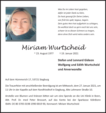 Anzeige von Miriam Wurtscheid von Kölner Stadt-Anzeiger / Kölnische Rundschau / Express