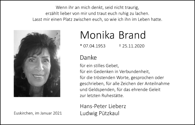  Traueranzeige für Monika Brand vom 23.01.2021 aus  Blickpunkt Euskirchen 
