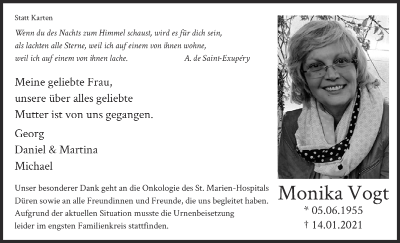  Traueranzeige für Monika Vogt vom 30.01.2021 aus  Blickpunkt Euskirchen 