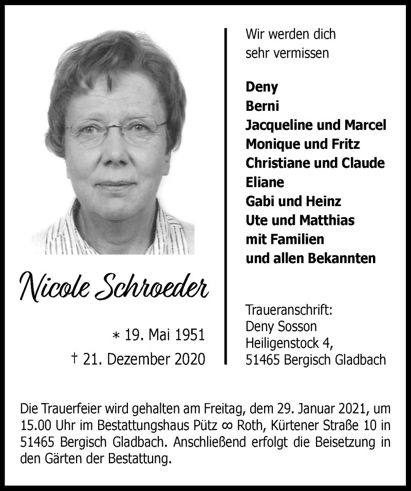  Traueranzeige für Nicole Schroeder vom 22.01.2021 aus  Bergisches Handelsblatt 